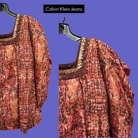 Calvin Klein NEW Artistic Modernism Abstract Gold Speckle Square-Neck Top S - Picture 3 of 10